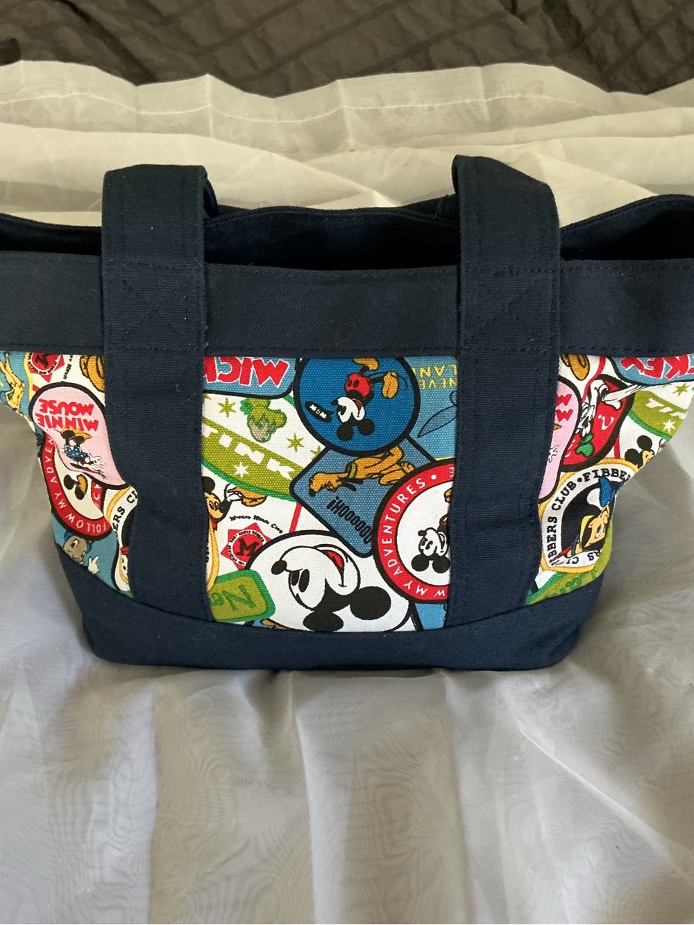 Disney Navy Blue Canvas Hobo Tote with Multicolor Mickey Patch Print
